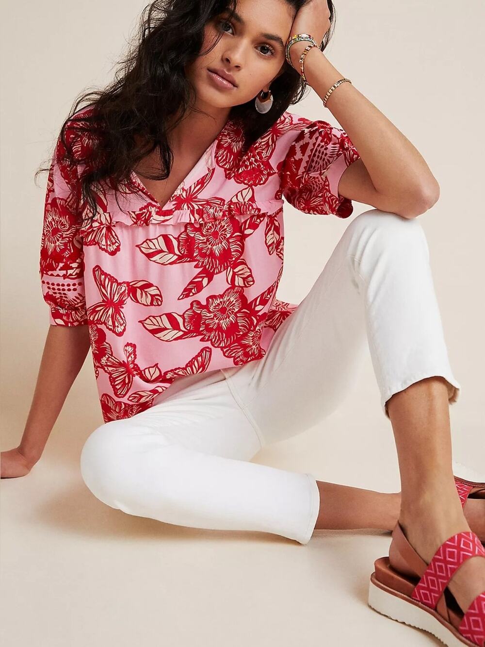 Anthropologie Butterfly Top Pink Red Floral Tropical Euro Vacation Summer XS